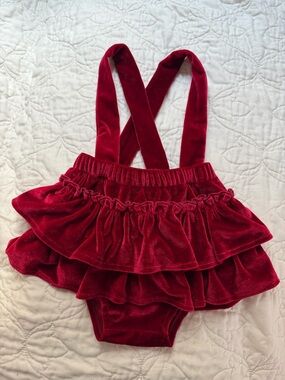 Baby Velvet Ruffle Suspender Bodysuit - Red overalls